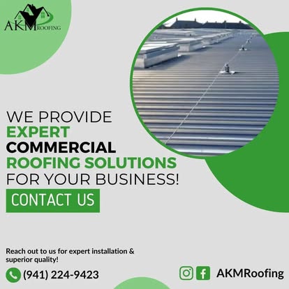 AKM Roofing ad for expert commercial roofing solutions, showing a large metal commercial roof and contact info.
